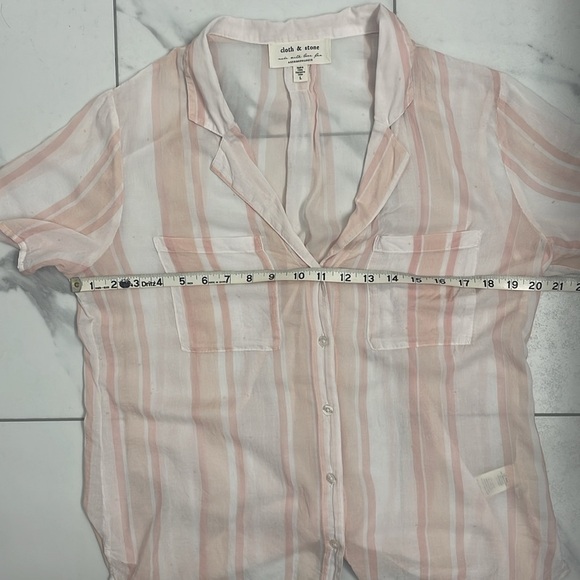 Cloth & Stone Anthropologie Short Sleeve Button Up Collar Pink/White Stripe SzLg - Picture 6 of 11